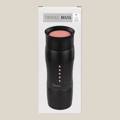 TuanaShop BV Creano zwarte thermobeker van 420ml met siliconen grip en 360 graden drinkopening in verpakking