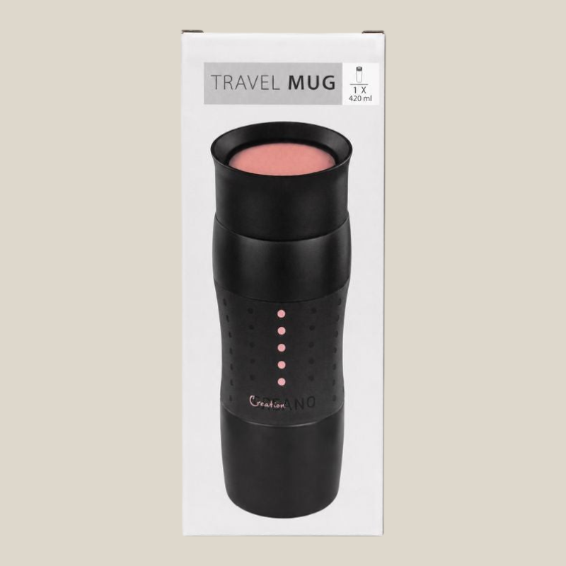 TuanaShop BV Creano zwarte thermobeker van 420ml met siliconen grip en 360 graden drinkopening in verpakking