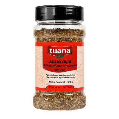 TuanaShop BV Aglio Olio Peperoncino kruidenmix in een doorzichtige pot met zwarte dop voor pasta en pizza