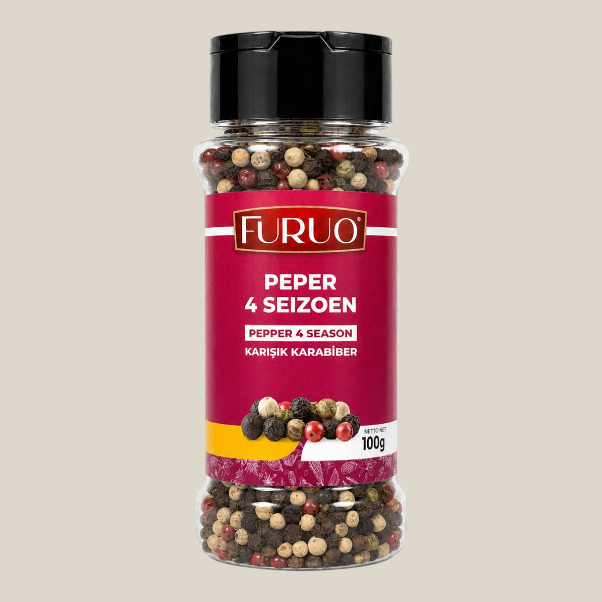 TuanaShop BV Furuo 4 seizoenen pepermix in een transparante kruidenpot met zwarte, witte, groene en roze peperkorrels.
