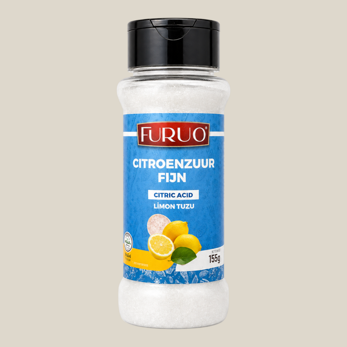 Furuo Citroenzuur Fijn in een transparante strooibus van TuanaShop BV voor gebruik in maaltijden en dranken.