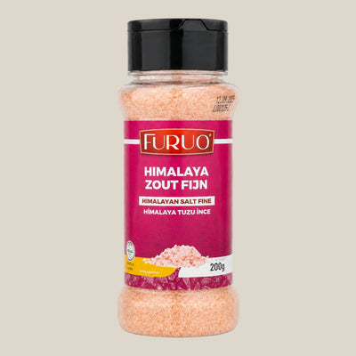 TuanaShop BV Furuo fijn Himalayazout in een transparante strooibus van 200 gram met roze zoutkristallen.