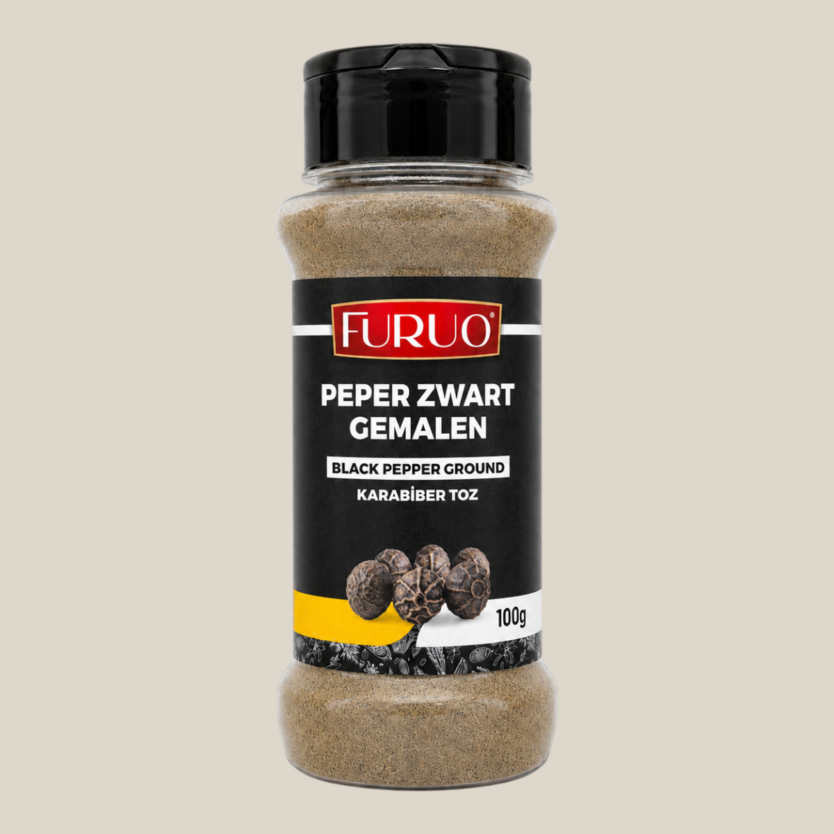 Furuo gemalen zwarte peper in een 100g strooibus van TuanaShop BV voor dagelijks gebruik in hartige gerechten.