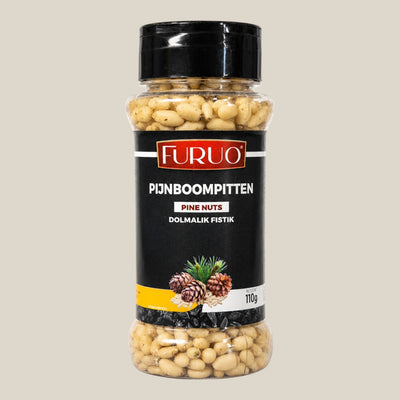 TuanaShop BV Furuo pijnboompitten in een transparante voorraadpot van 110 gram voor salades en pesto