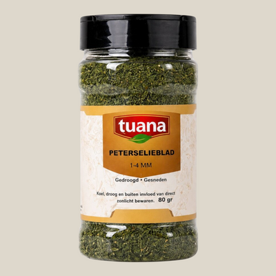 TuanaShop BV pot met gedroogde en gesneden peterselie (4mm) voor soepen, sauzen en diverse gerechten.