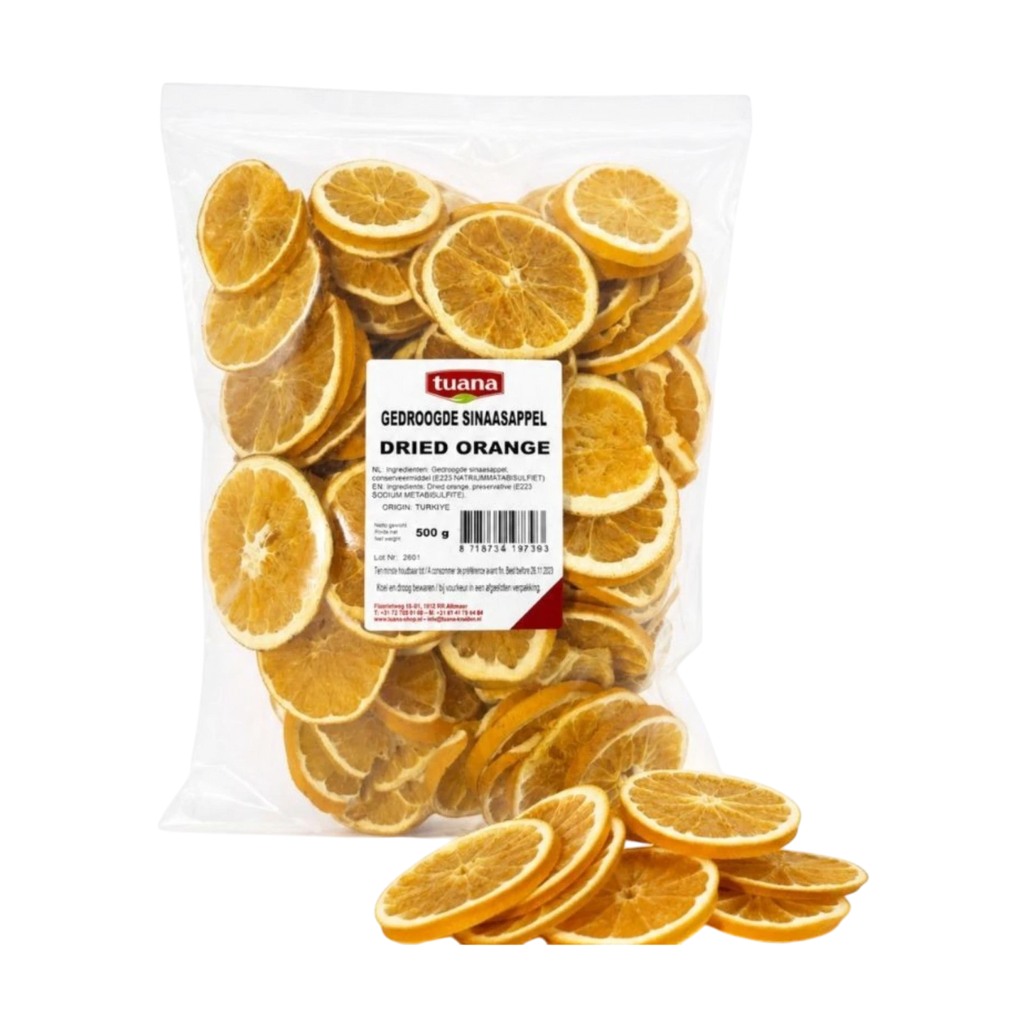 TuanaShop BV gedroogde sinaasappelschijfjes in een transparante verpakking voor decoratie of culinair gebruik.