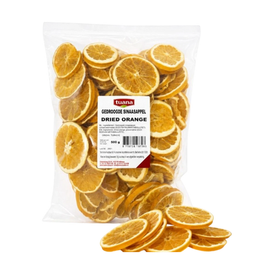TuanaShop BV gedroogde sinaasappelschijfjes in een transparante verpakking voor decoratie of culinair gebruik.