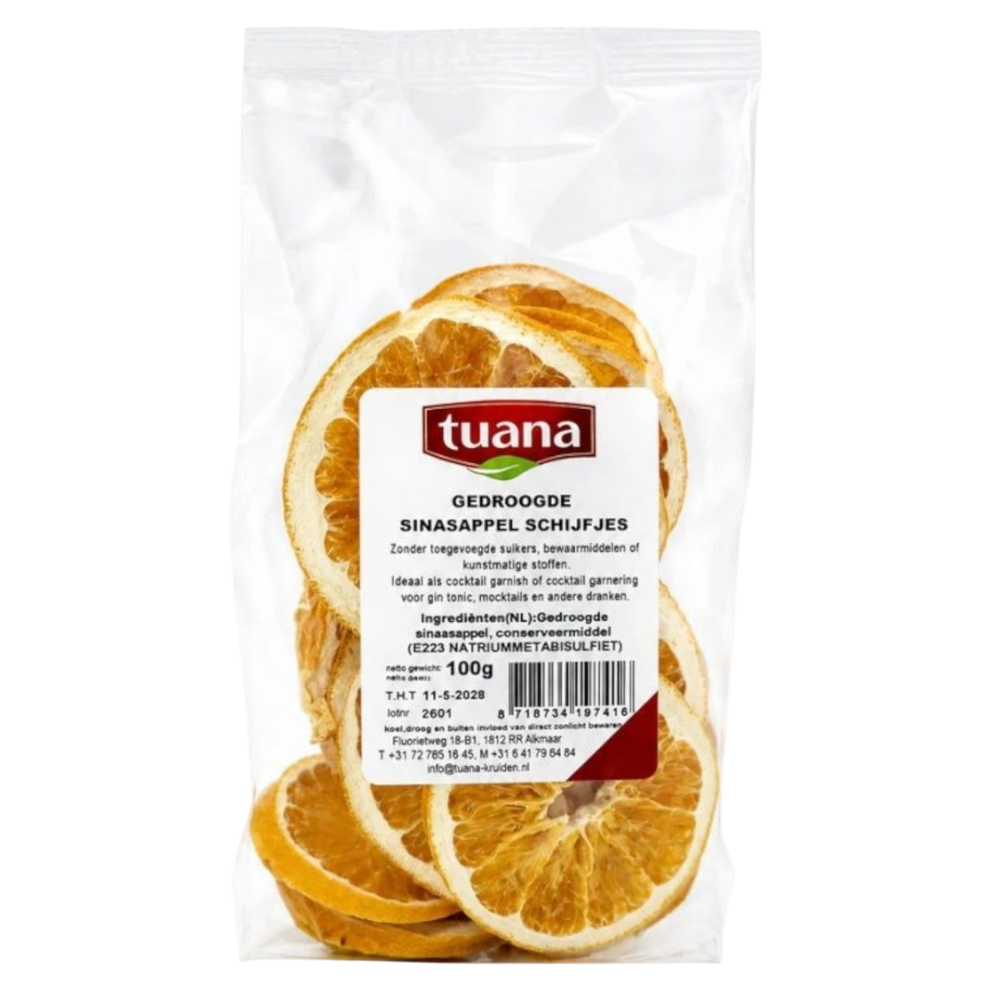 TuanaShop BV gedroogde sinaasappelschijfjes in een transparante verpakking van 100 gram voor garnering en thee.