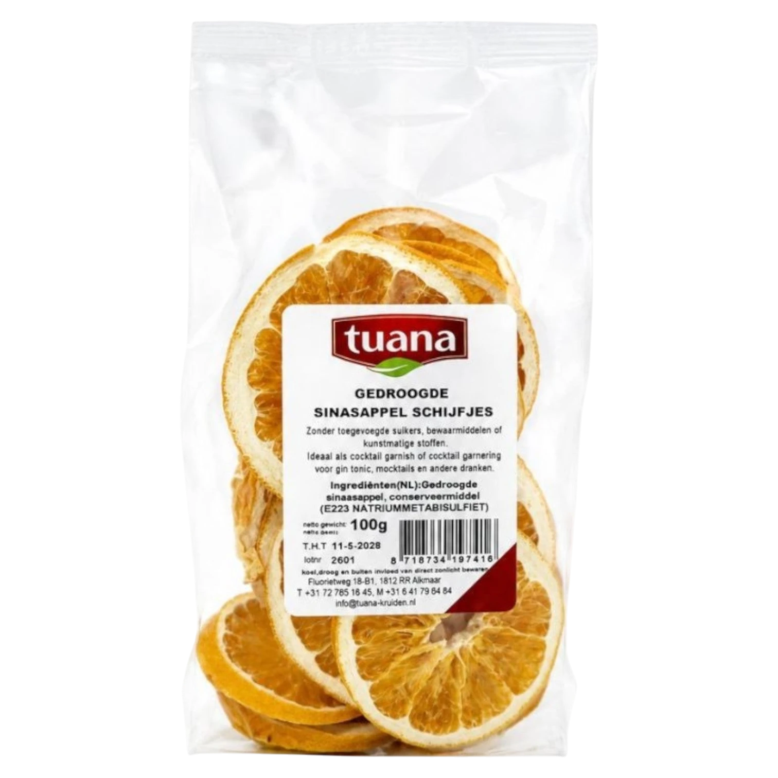 TuanaShop BV gedroogde sinaasappelschijfjes in een transparante verpakking van 100 gram voor garnering en thee.