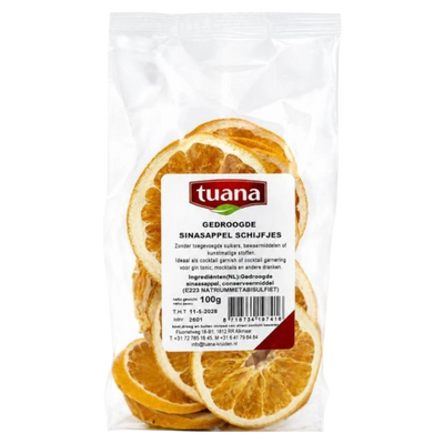 TuanaShop BV gedroogde sinaasappelschijfjes in een transparante verpakking van 100 gram voor garnering en thee.