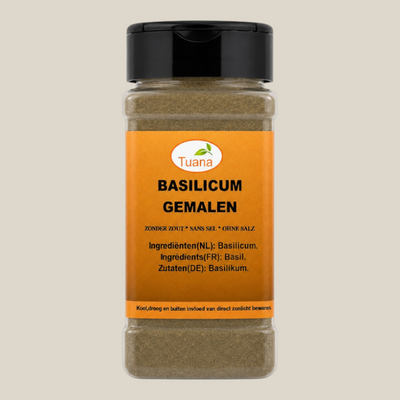 TuanaShop BV potje met fijn gemalen gedroogde basilicum, een aromatisch kruid voor pasta en sauzen.