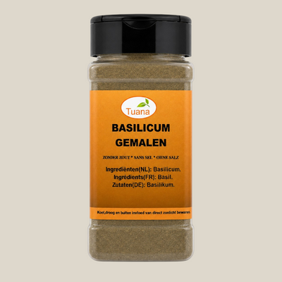 TuanaShop BV potje met fijn gemalen gedroogde basilicum, een aromatisch kruid voor pasta en sauzen.