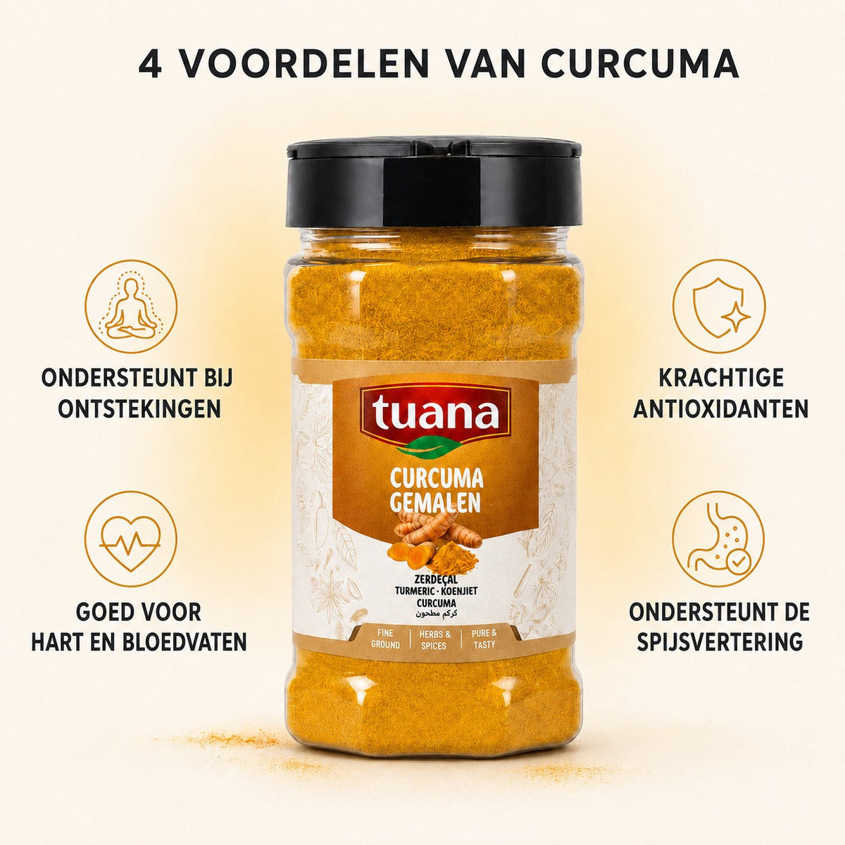 Fijngemalen heldergeel kurkumapoeder van TuanaShop BV, een veelzijdig en gezond kruid voor in de keuken.