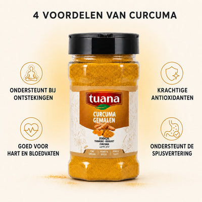 Fijngemalen heldergeel kurkumapoeder van TuanaShop BV, een veelzijdig en gezond kruid voor in de keuken.