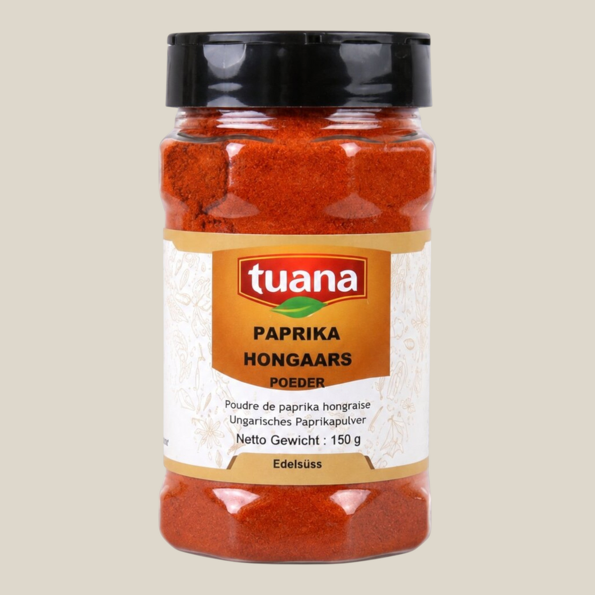 TuanaShop BV Hongaarse paprikapoeder in een doorzichtige kruidenpot met zwarte dop voor goulash en stoofschotels