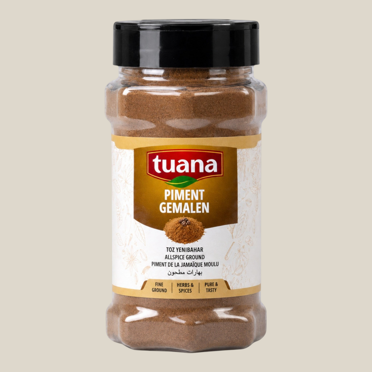 TuanaShop BV piment poeder in een doorzichtige kruidenpot met zwart deksel voor aromatische gerechten