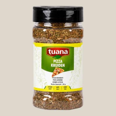 TuanaShop BV Pizza Kruiden in een doorzichtige kruidenpot met zwarte dop, gevuld met een aromatische Italiaanse mix.