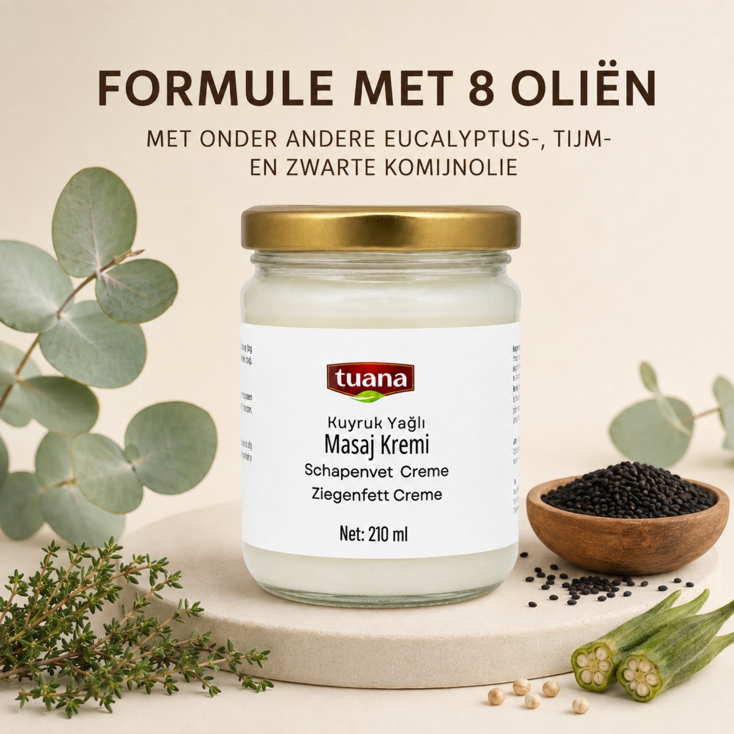 TuanaShop BV schaapstaartvet crème in glazen pot met 8 oliën zoals zwarte komijn, eucalyptus en tijm voor huidverzorging