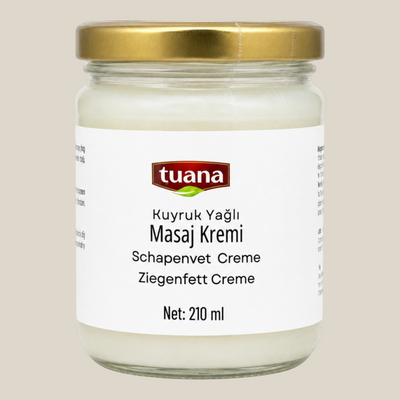 TuanaShop BV schaapstaartvet crème in een glazen pot van 210 ml met gouden deksel voor intensieve huidverzorging.