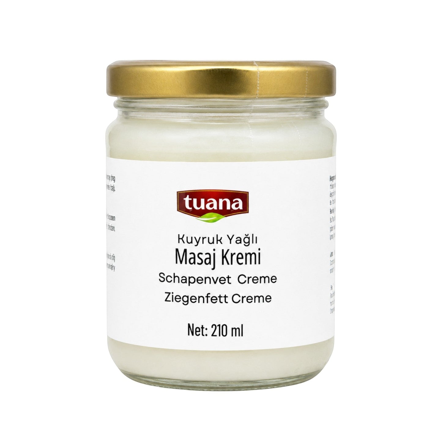 TuanaShop BV schaapstaartvet crème in een glazen pot van 210 ml met een goudkleurige deksel voor huidverzorging
