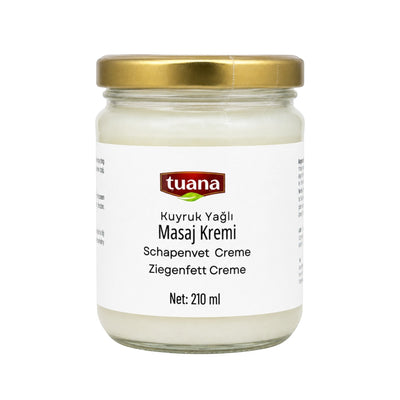 TuanaShop BV schaapstaartvet crème in een glazen pot van 210 ml met een goudkleurige deksel voor huidverzorging