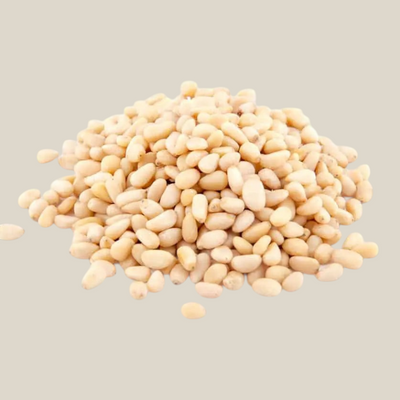 Een hoopje verse, beige TuanaShop BV pijnboompitten met een zachte, nootachtige textuur voor in salades of pesto.