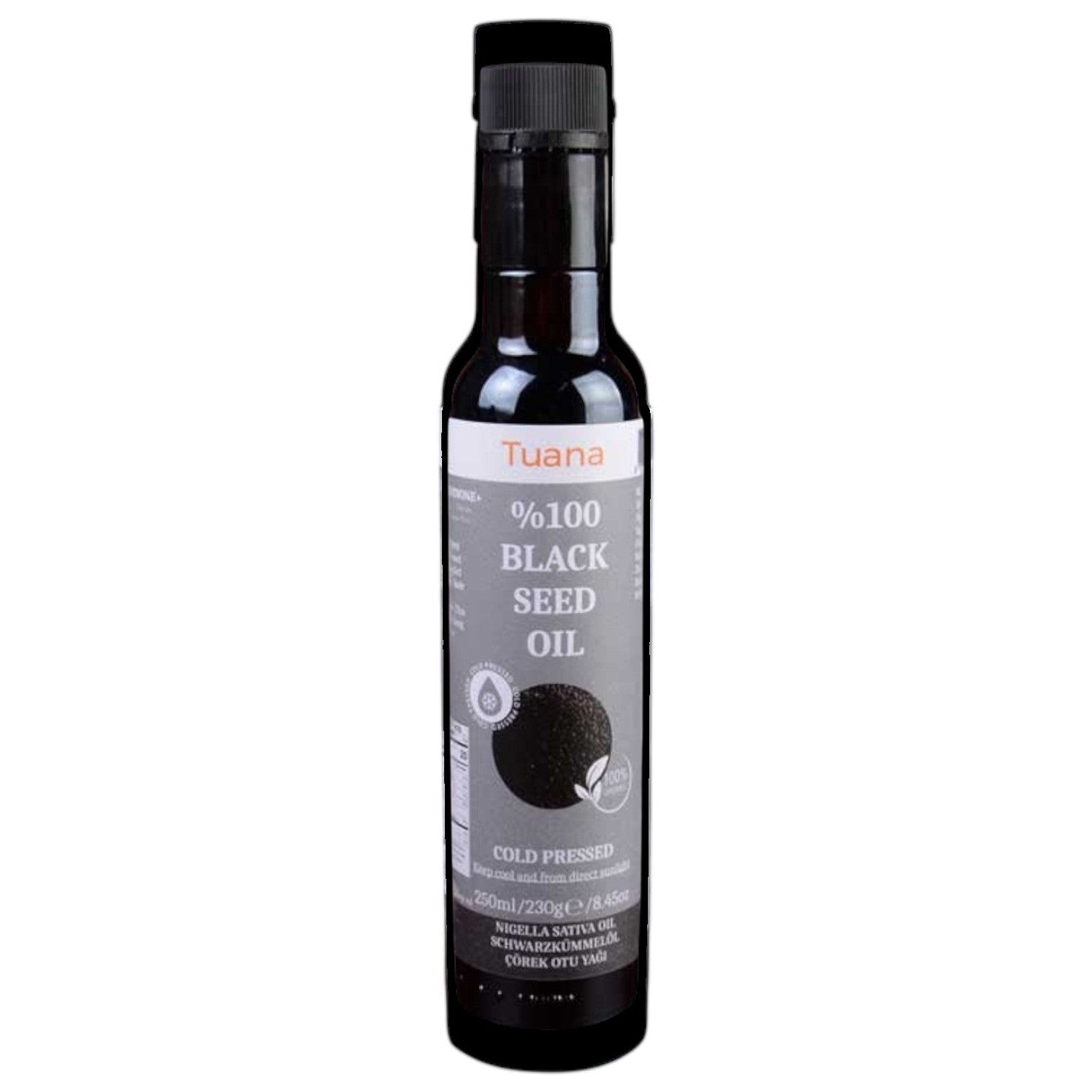 TuanaShop BV 100% biologische koudgeperste zwarte komijnzaadolie in een glazen fles van 250ml