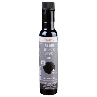 TuanaShop BV 100% biologische koudgeperste zwarte komijnzaadolie in een glazen fles van 250ml