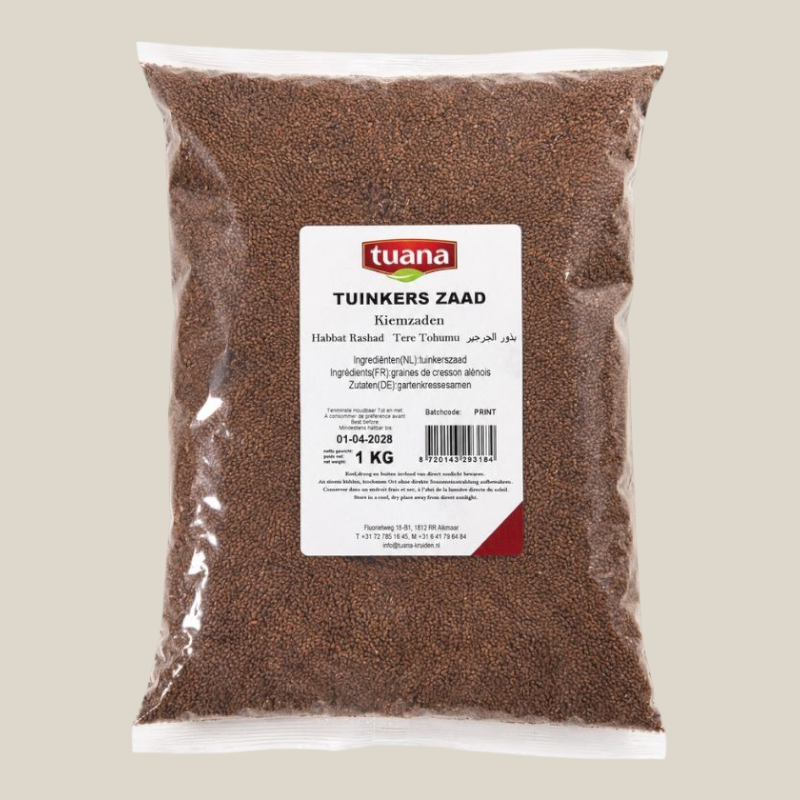 TuanaShop BV tuinkers zaad in een doorzichtige verpakking van 1 kg voor het kweken van verse kiemgroenten.