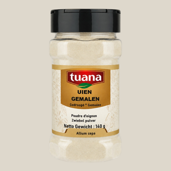 TuanaShop BV uienpoeder in een doorzichtige kruidenpot met zwarte dop voor een hartige smaak in soepen en sauzen.