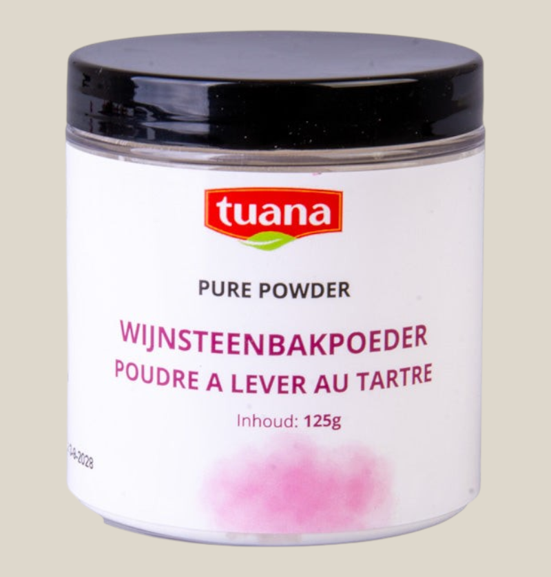 TuanaShop BV wijnsteenbakpoeder in een transparante pot met zwart deksel voor glutenvrij bakken