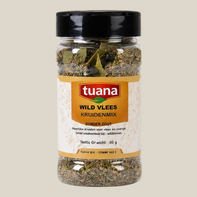 TuanaShop BV Wild Kruidenmix in een doorzichtige pot met zwarte dop, ideaal voor wildgerechten en stoofschotels.