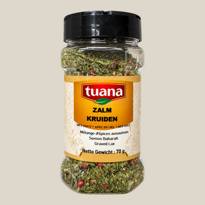 TuanaShop BV zalmkruiden in een glazen pot met dille, peterselie en roze peperkorrels voor visgerechten